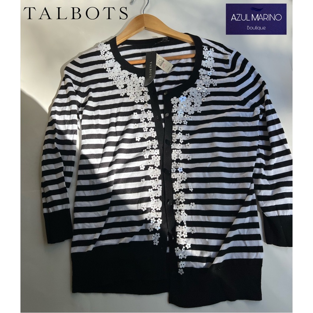 Talbots — Striped Cardigan w/ floral sequin •Cardigan con lentejuelas de flores•